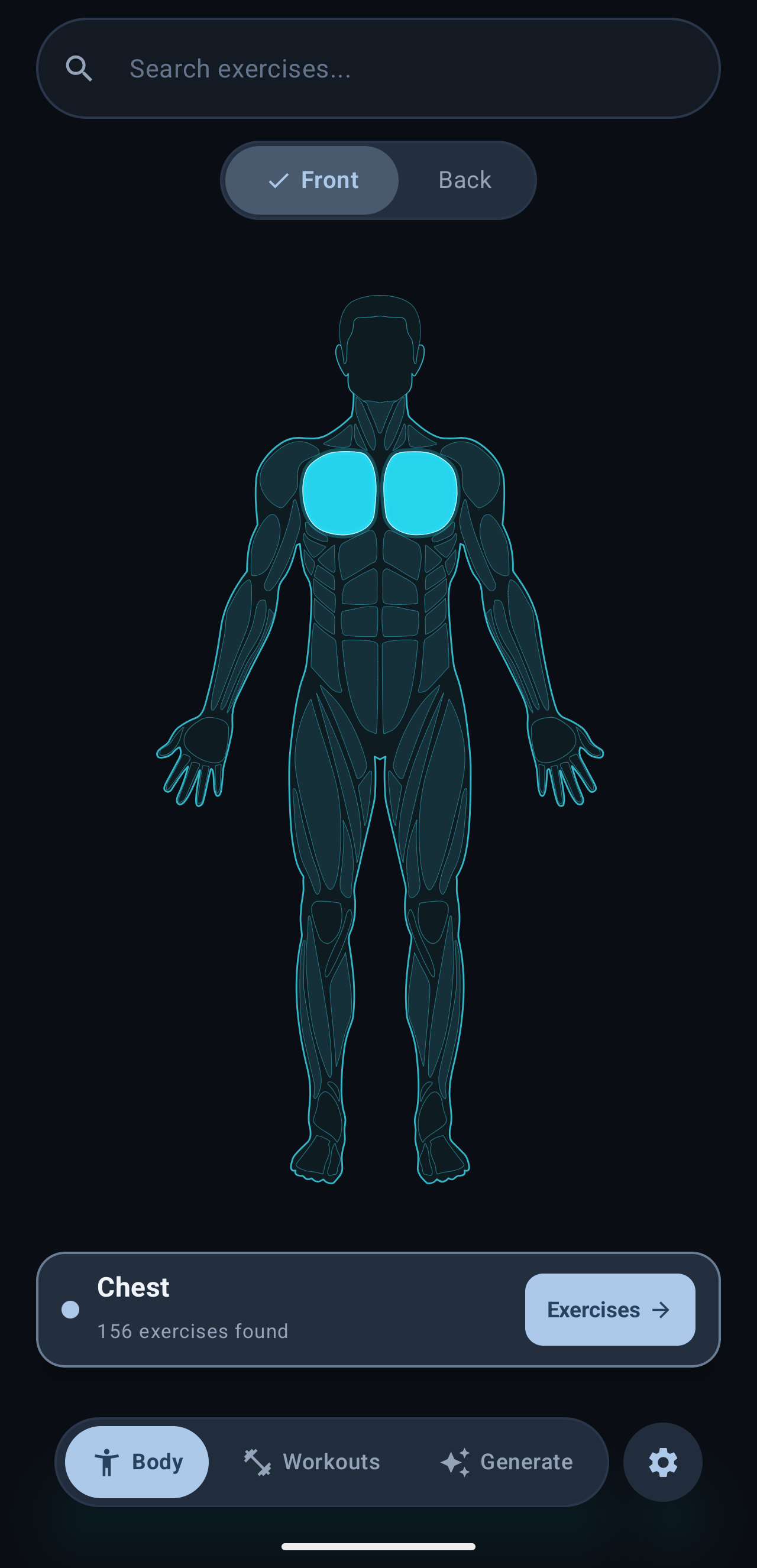 Body map with chest selected, showing exercise count