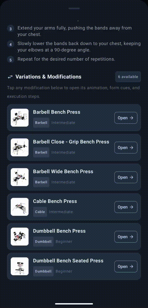 Exercise detail sheet opening and browsing variations