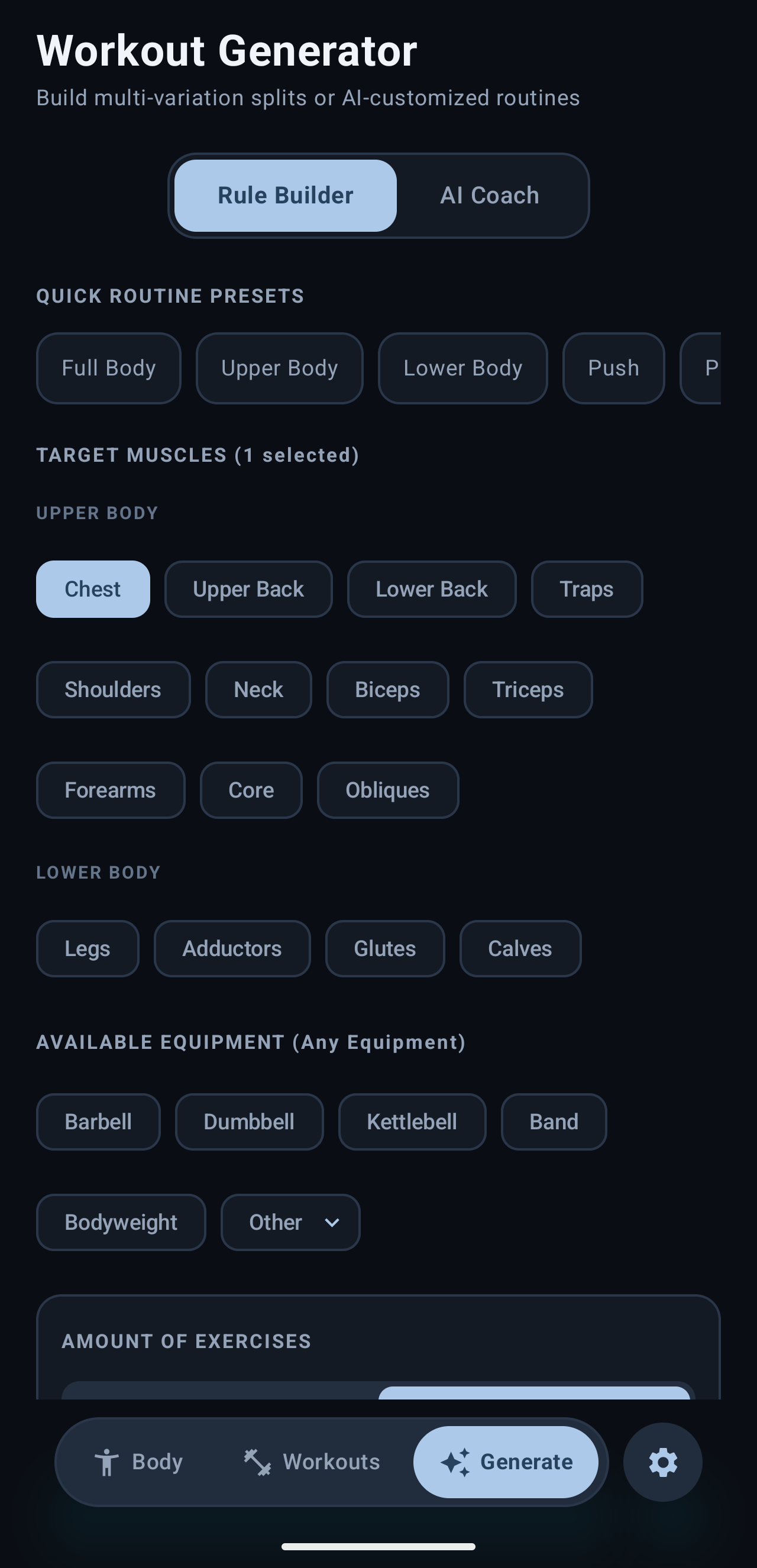 Workout Generator, Rule Builder mode