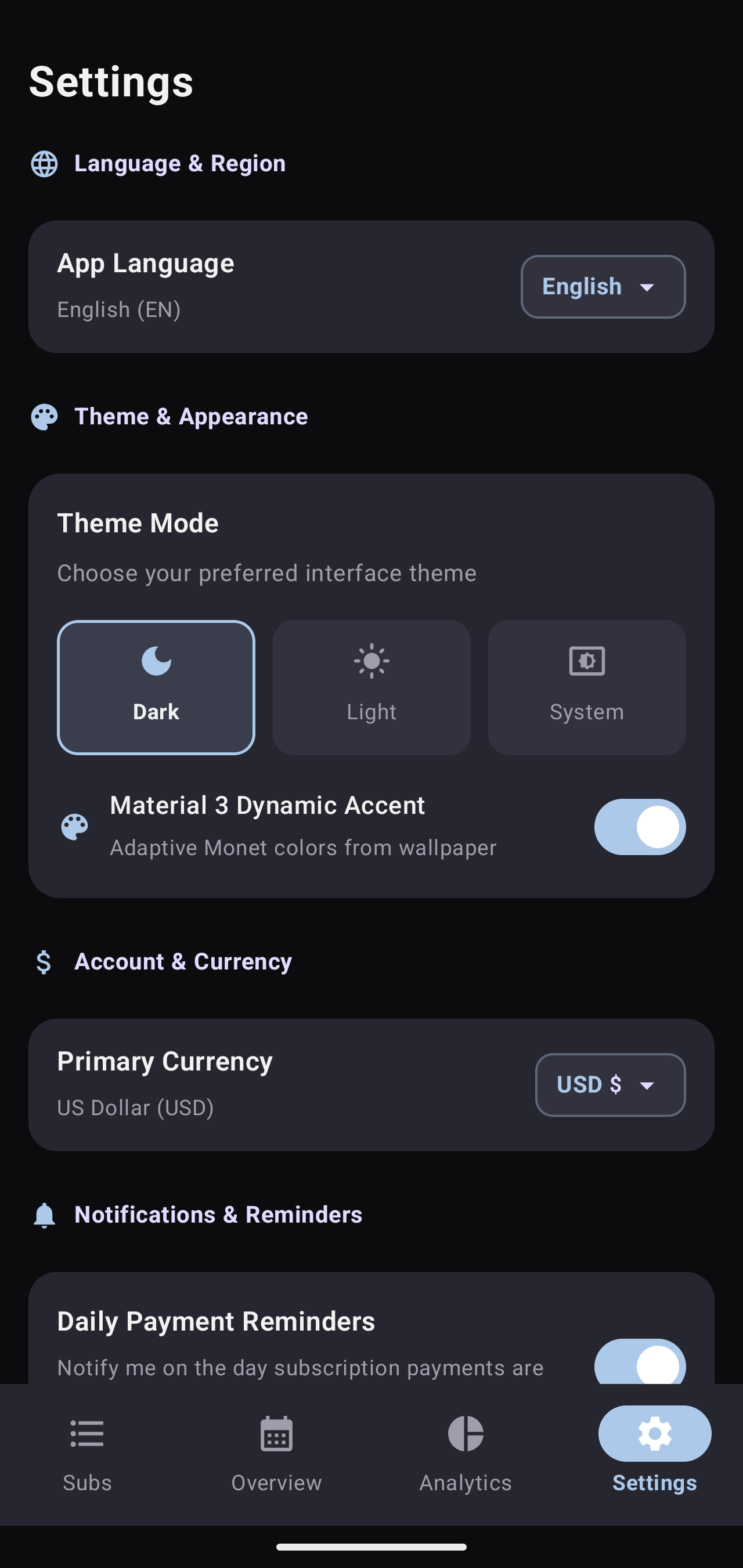 Settings screen