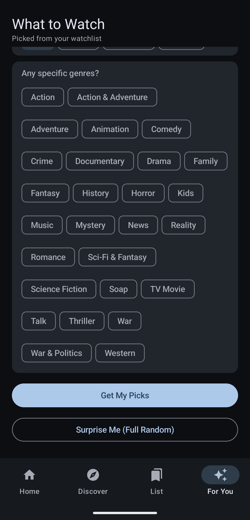 For You screen with Get My Picks and Surprise Me buttons