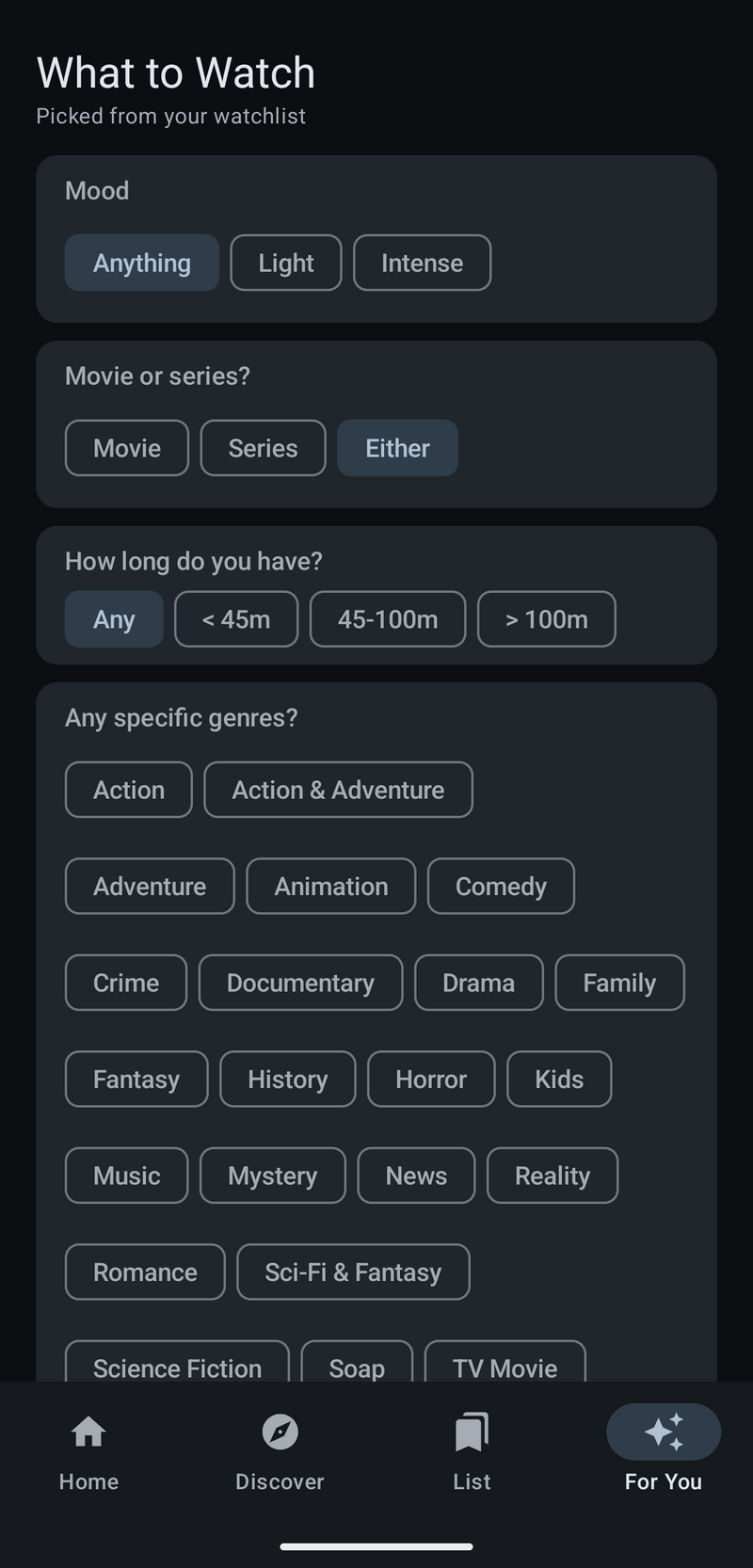 For You quiz with mood, length and genre filters