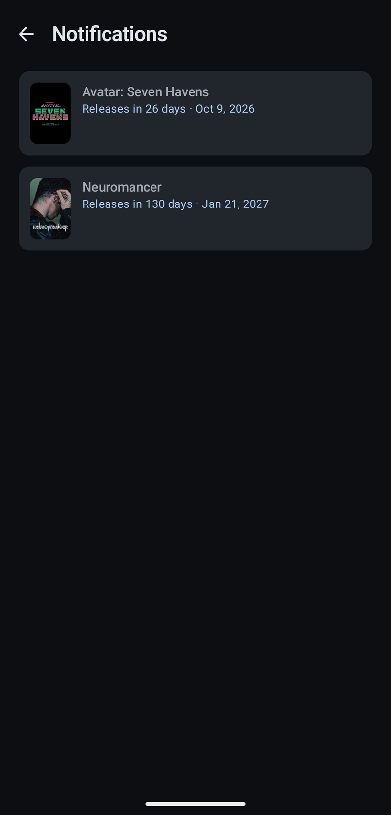 Notifications screen listing armed release reminders