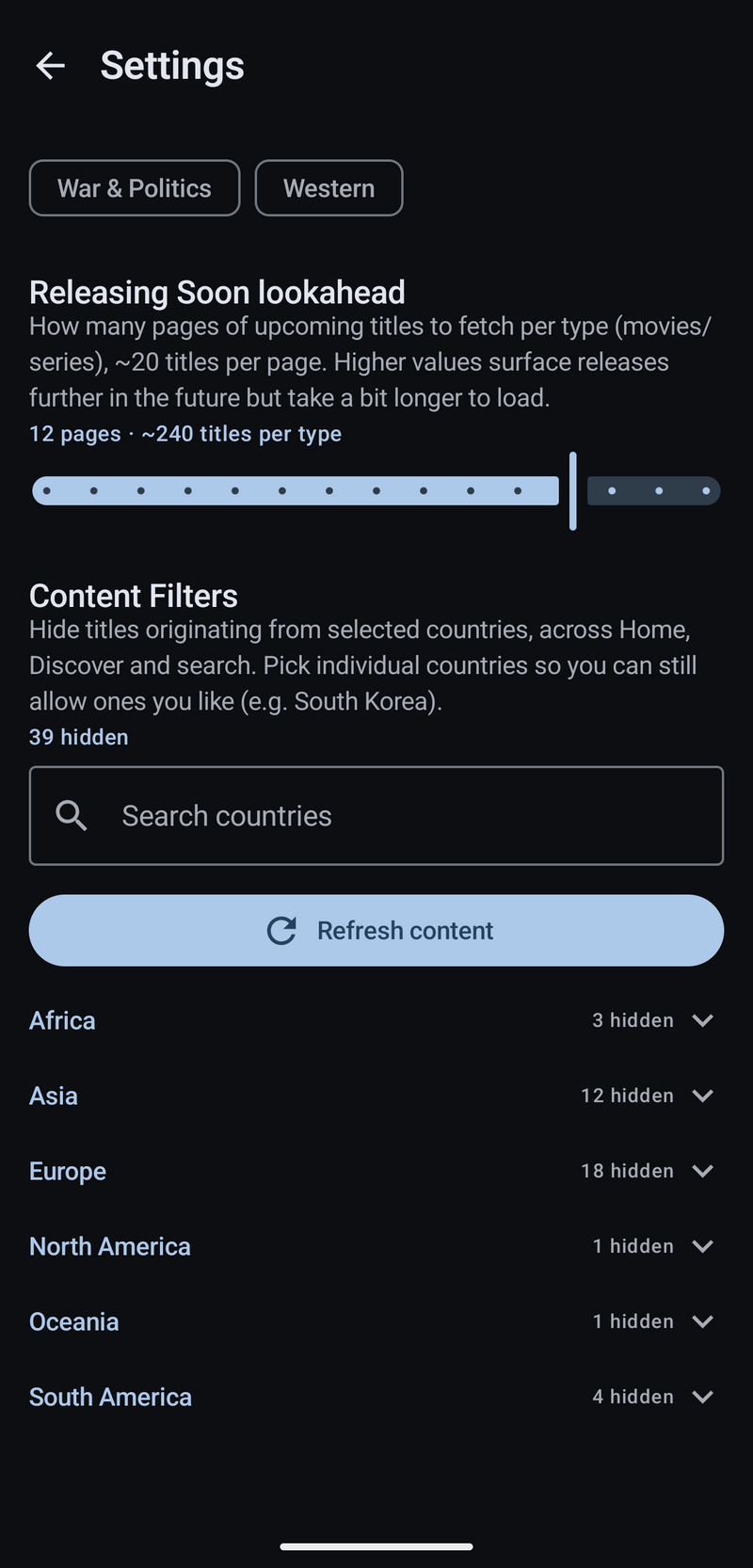 Settings screen with release lookahead and content filters