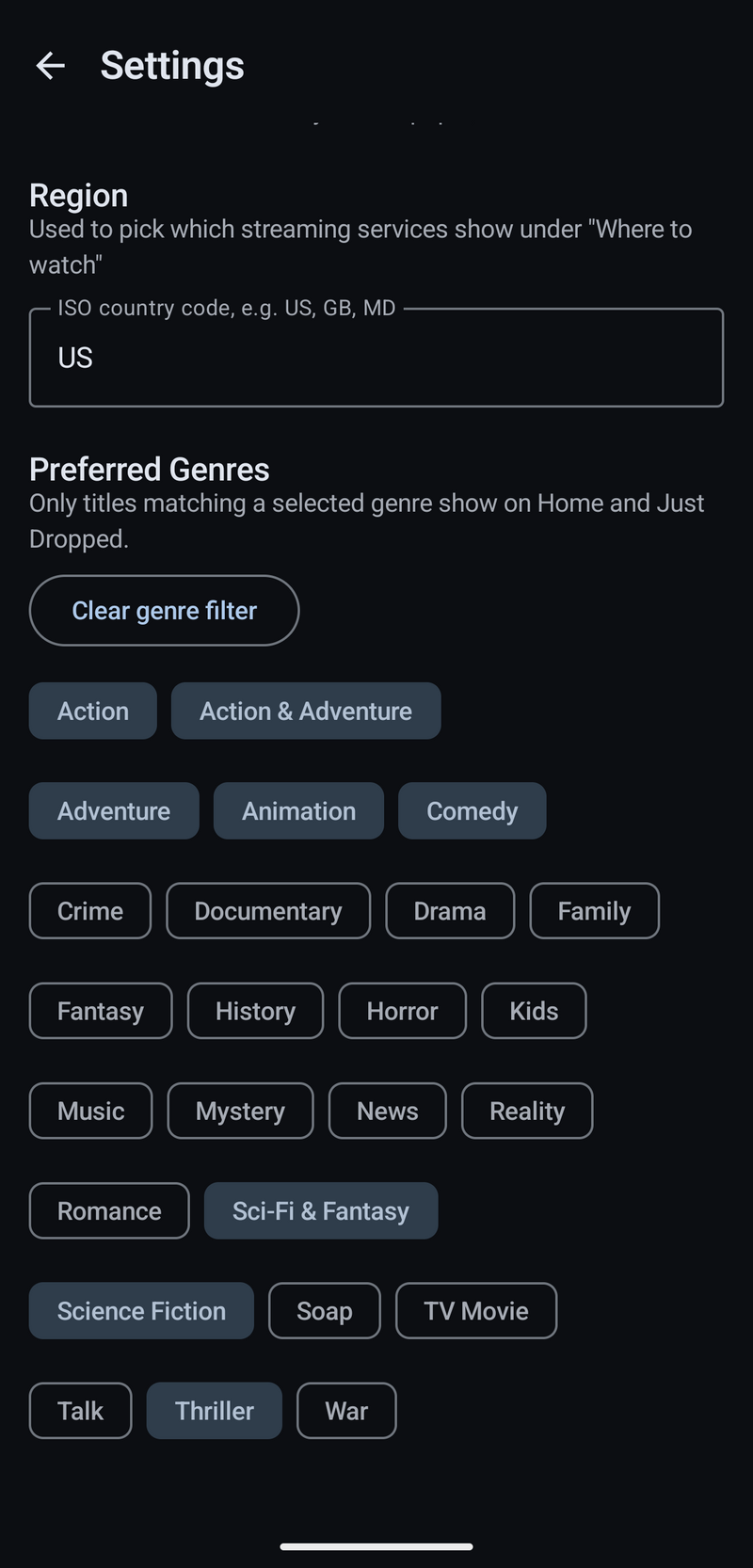 Settings screen with region and preferred genres